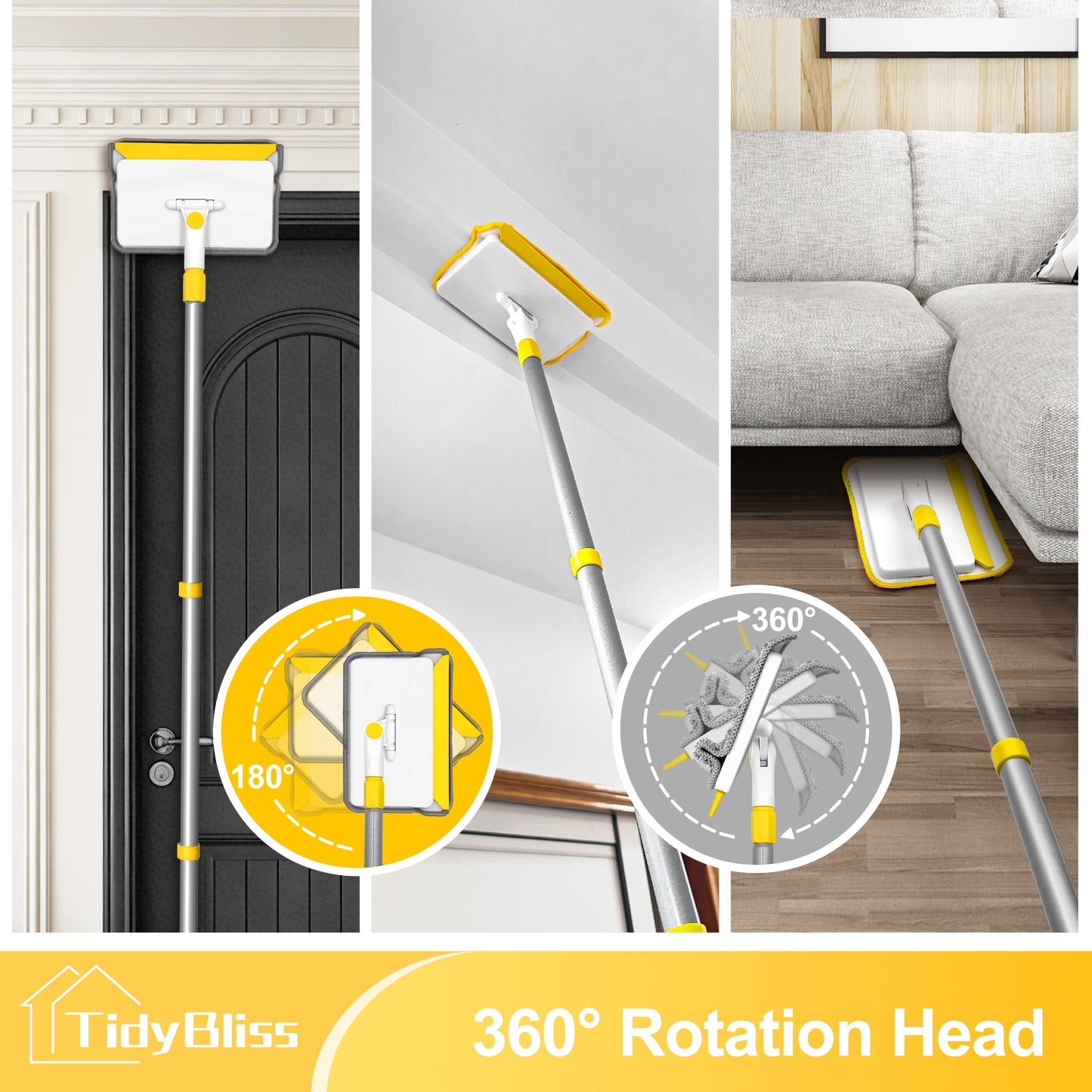 TidyBliss Baseboard Cleaner Tool, Wall Mop with 55.9" Long Handle (Yellow)