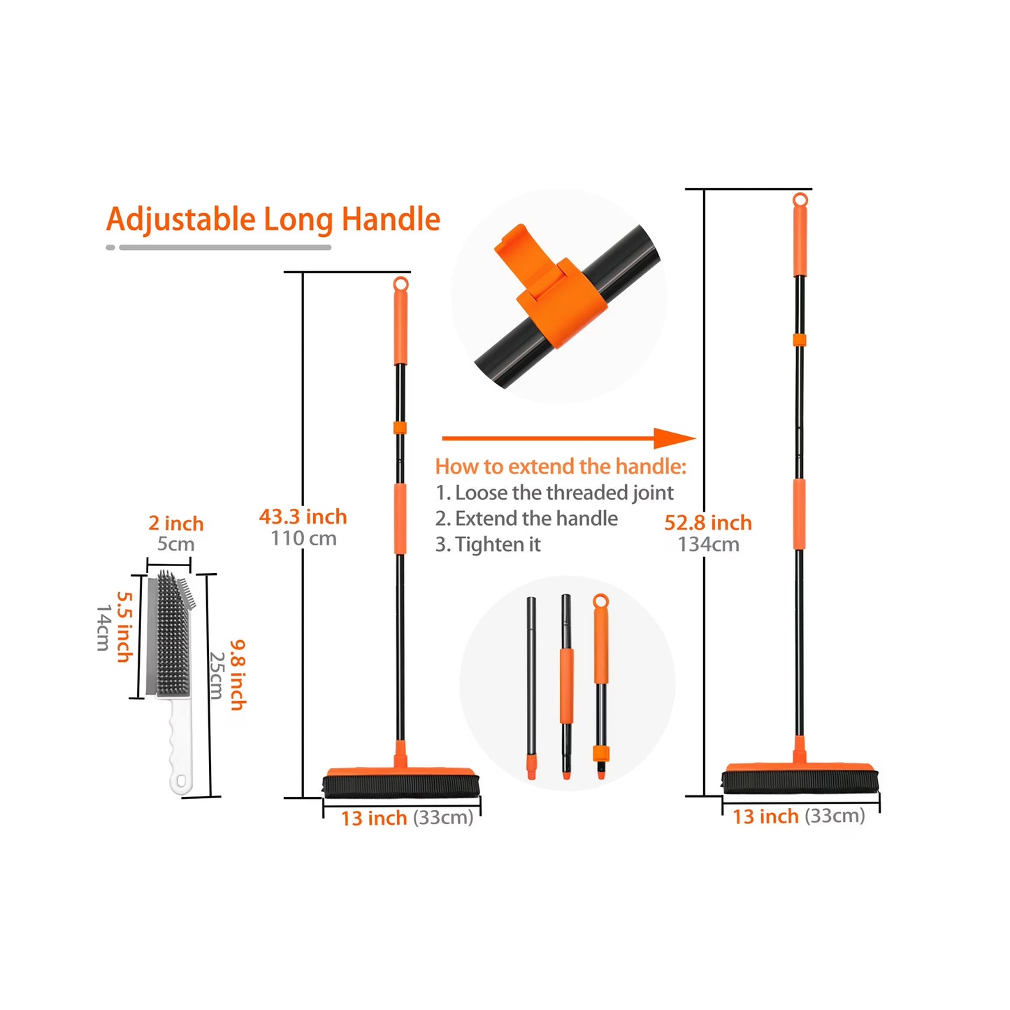 JEHONN Rubber Broom with Squeegee for Pet Hair Removery (Orange)