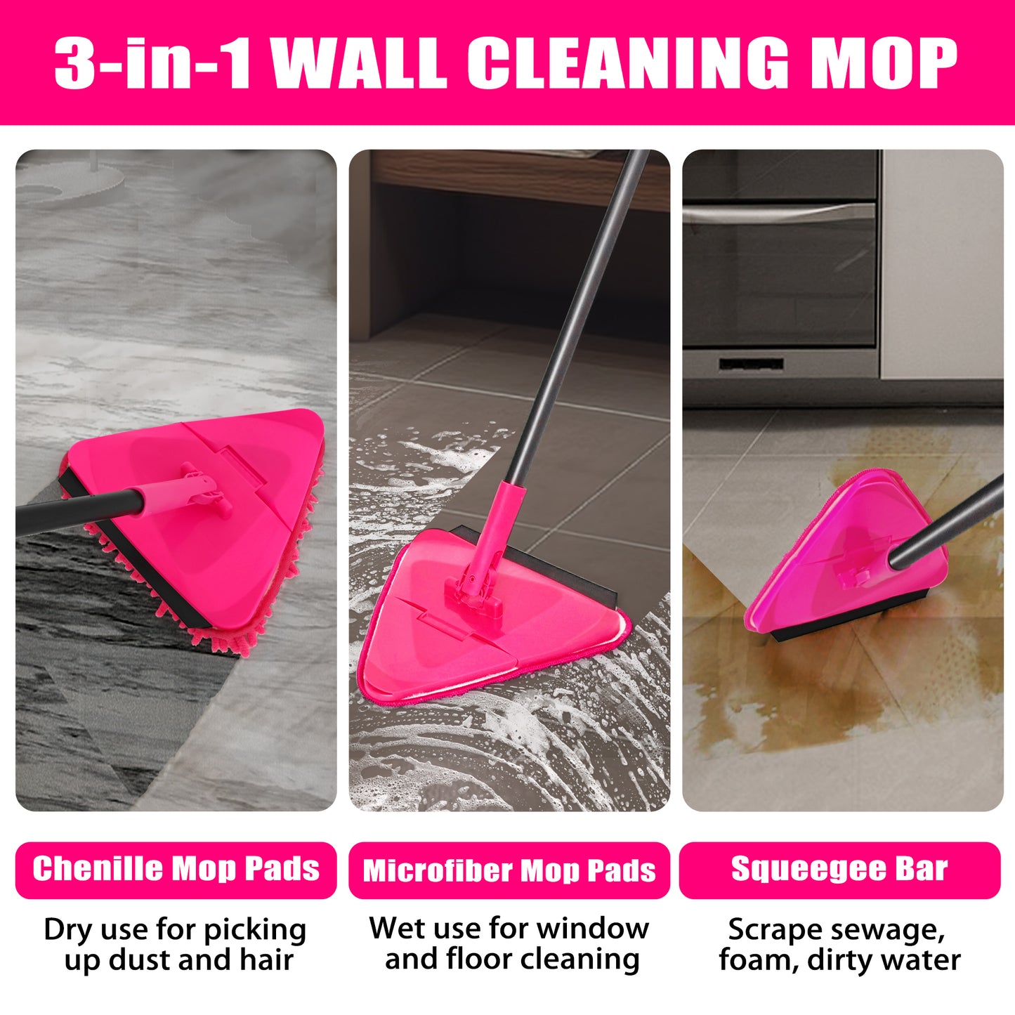 JEHONN Wall Mop with 80 inches Long Handle (Rose Red)