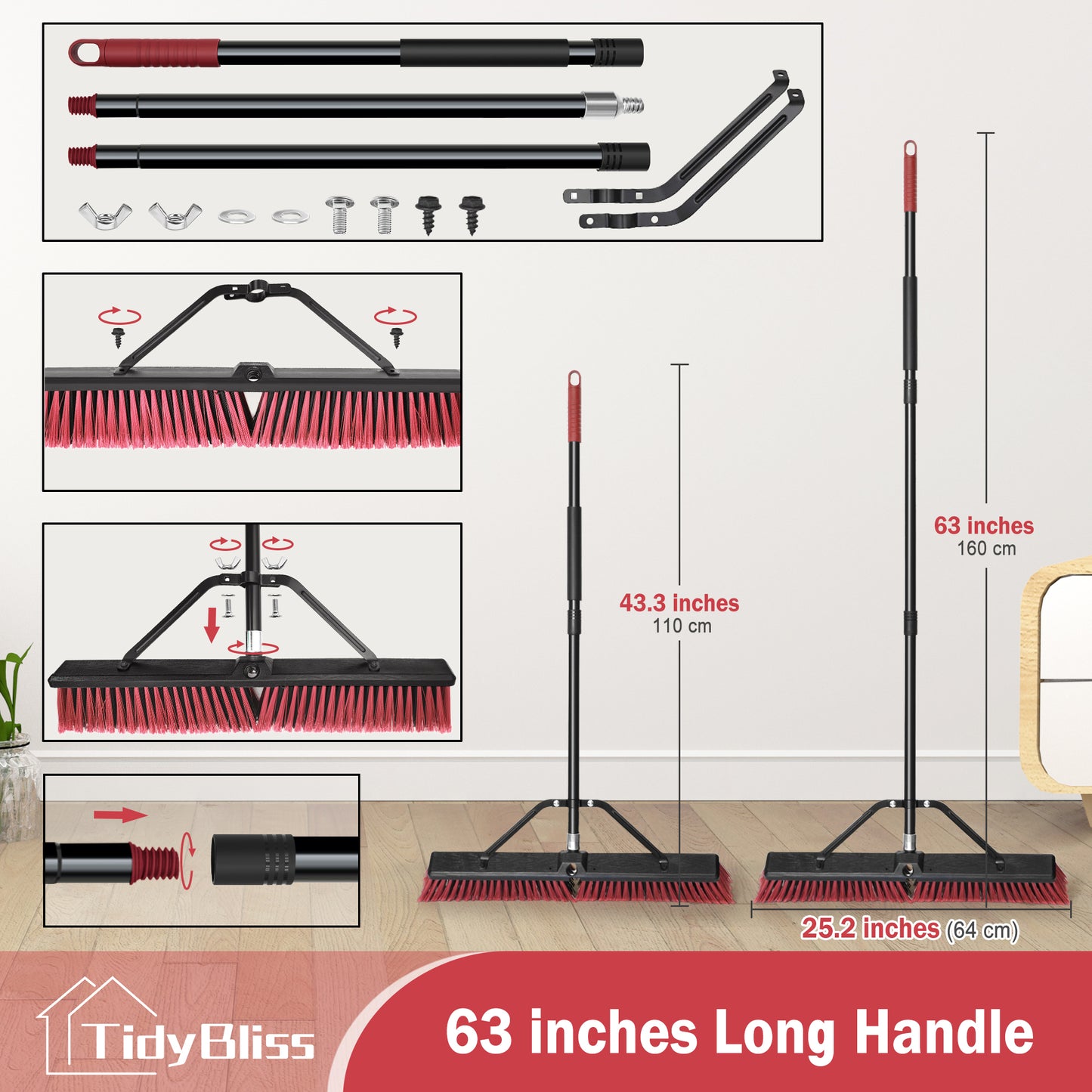 TidyBliss 24" Push Broom Outdoor Heavy Duty with 63 inches Long Handle (Red)