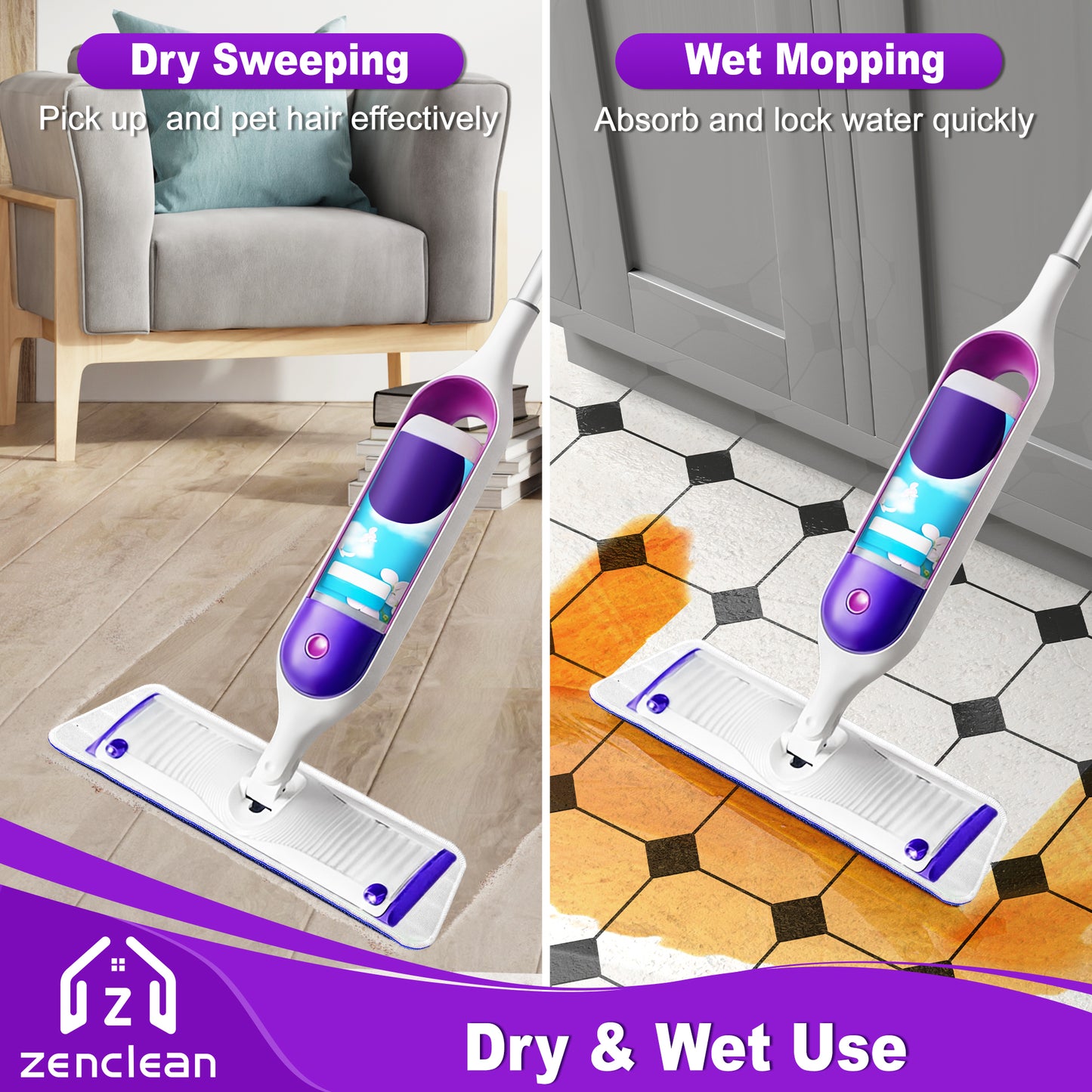 ZenClean Reusable Microfiber Mop Pads 7 Pack Compatible with SwifferPower Mop for Wet & Dry Floor Cleaning (7 Colors)