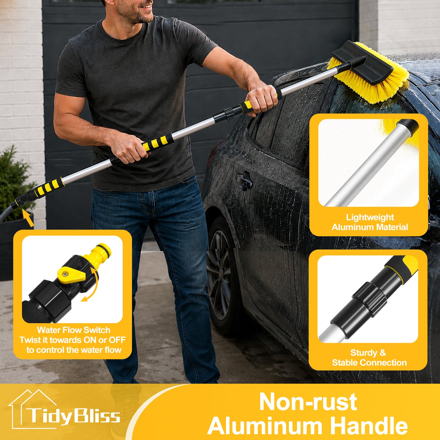 TidyBliss Car Wash Brush with Hose Attachment, 51" Aluminum Long Handle