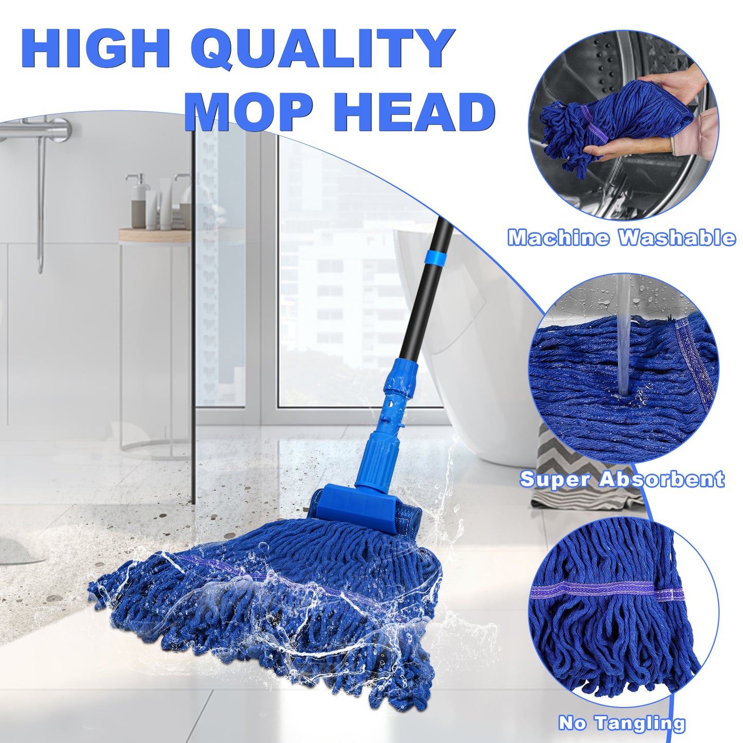 NEWE Commercial Mop for Floor Cleaning, Heavy Duty Industrial Mops with 55 inches Long Handle (Blue)