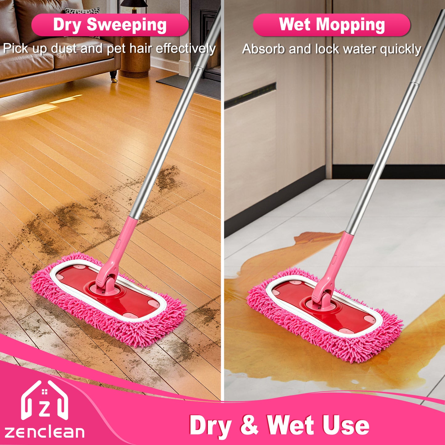 ZenClean Reusable Microfiber Mop Pads 6 Pack Compatible with SwifferSweeper Mop for Wet & Dry Floor Cleaning (Pink)