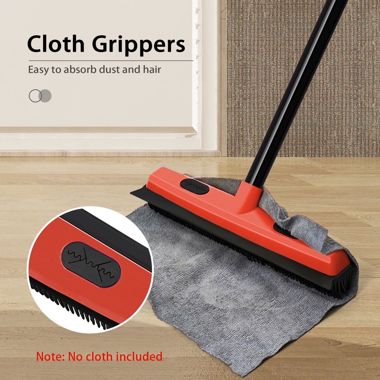 JEHONN Rubber Broom Carpet Rake Brush for Pet Hair with Squeegee (Red)