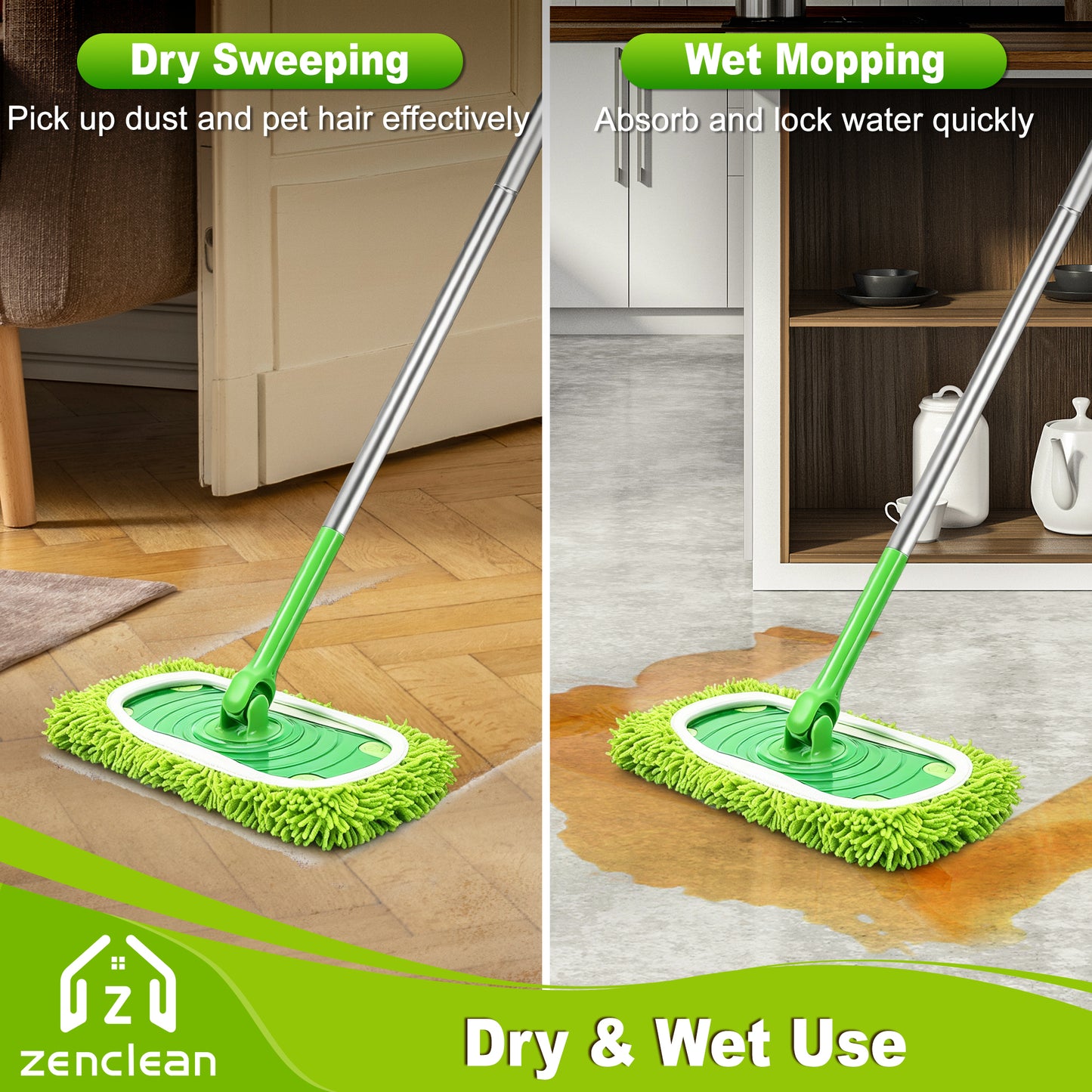 ZenClean Reusable Microfiber Mop Pads 4 Pack Compatible with SwifferSweeper Mop for Wet & Dry Floor Cleaning (Green)