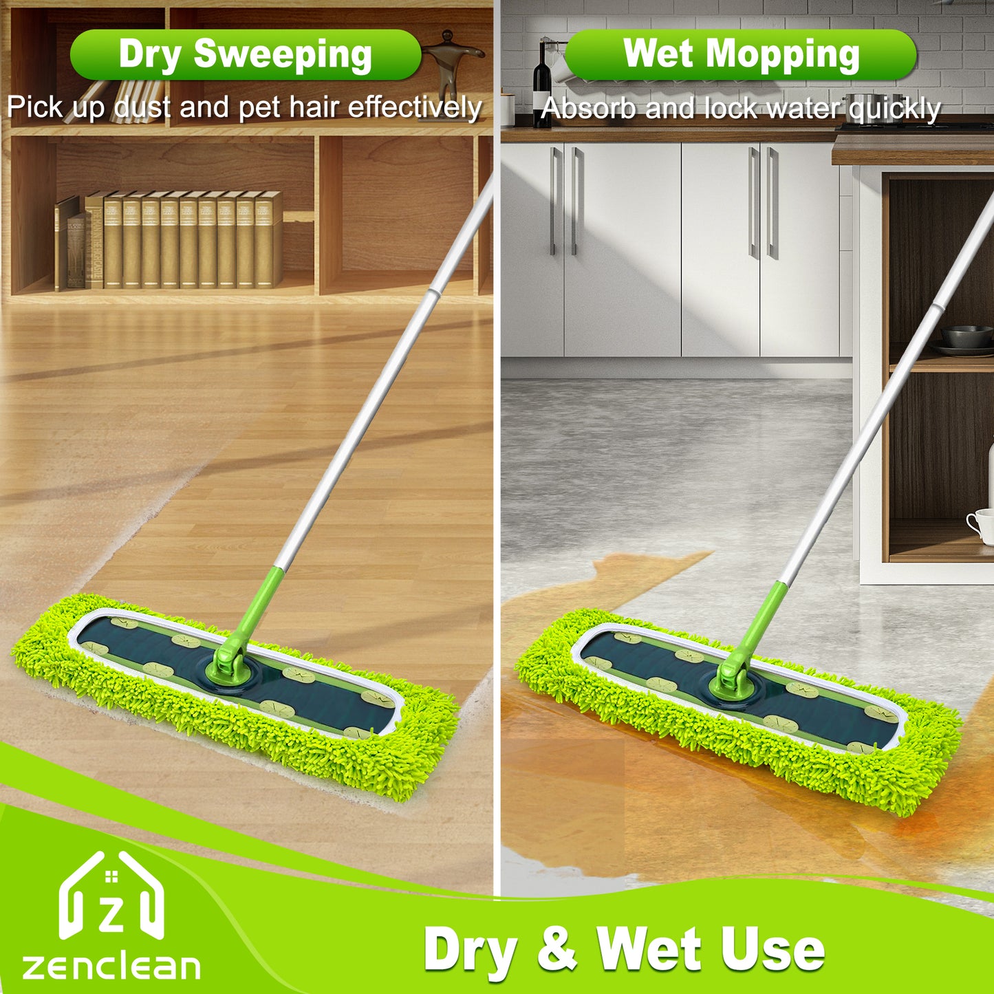ZenClean Reusable Microfiber Mop Pads 4 Pack Compatible with SwifferSweeper XL Mop for Wet & Dry Floor Cleaning (Green)