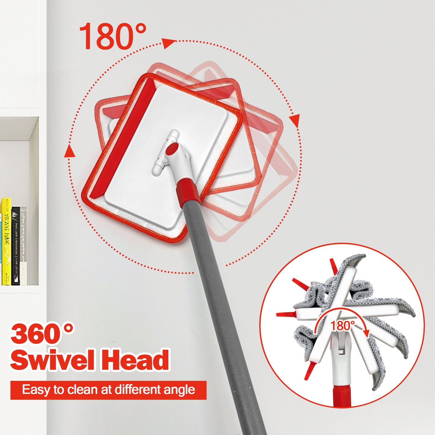 JEHONN Wall & Baseboard Cleaner Mop Tool with 4 Reusable Pads Red