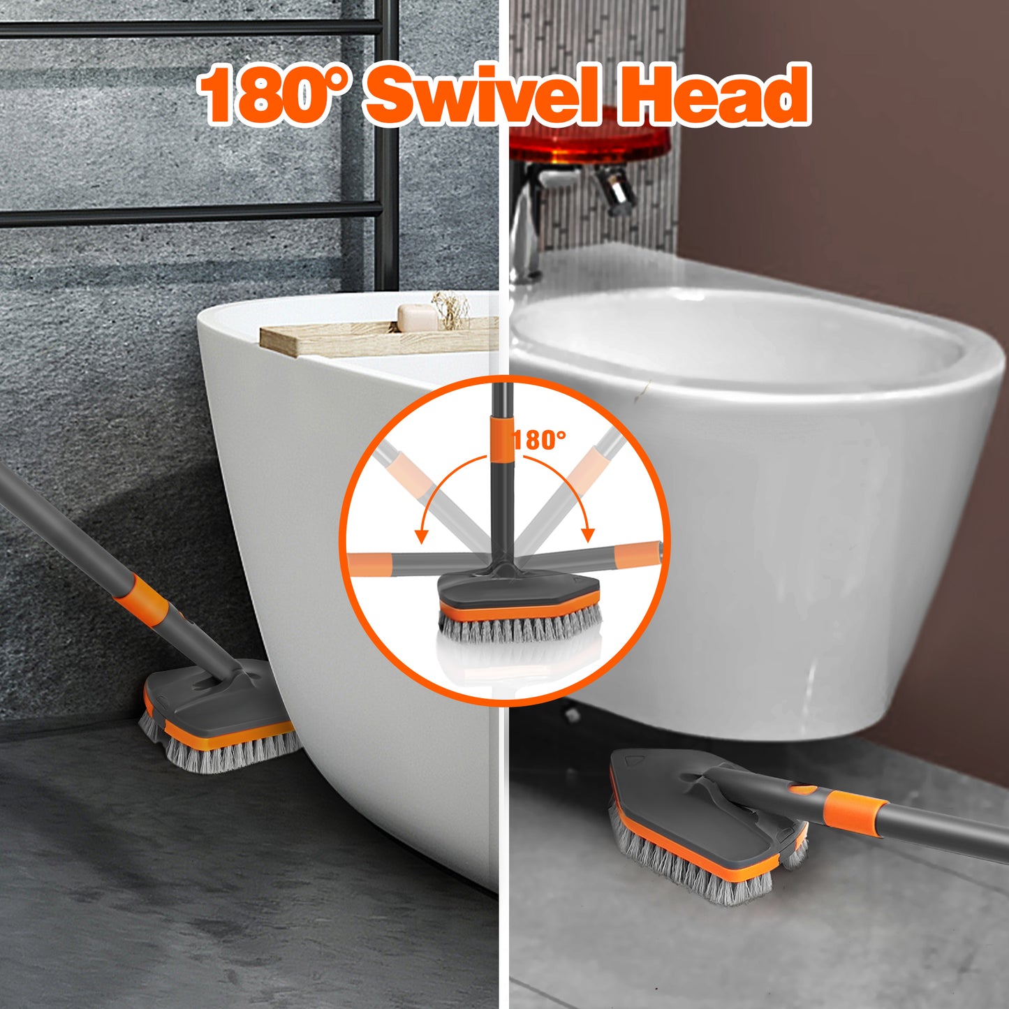 Shower Cleaner Brush with 56 inches Long Handle (Grey Orange)