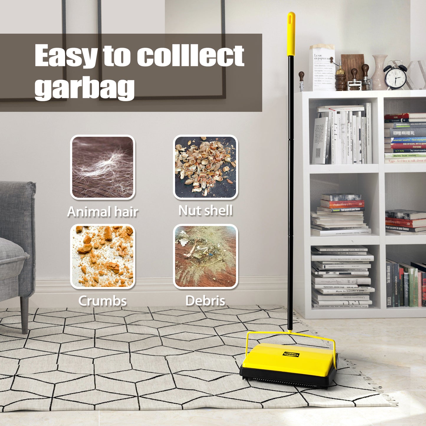 JEHONN Carpet Sweeper Manual with Horsehair, Non Electric Quite Floor Rug Roller Brush Push for Cleaning Pet Hair, Loose Debris, Lint (Yellow)