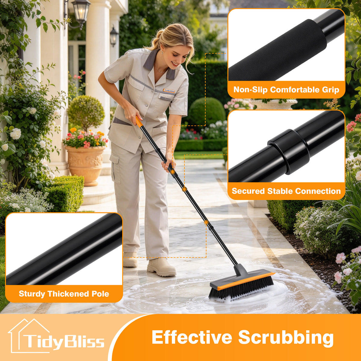 TidyBliss Floor Scrub Brush with 56” Long Handle & Crevice Brush (Orange)