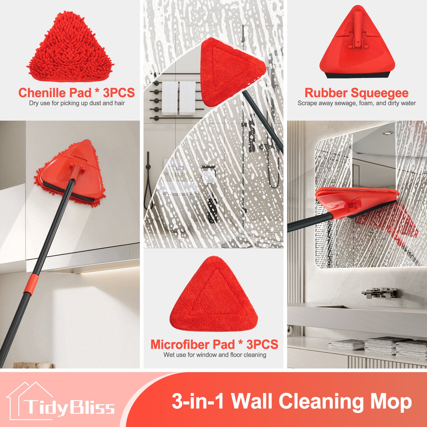 TidyBliss Wall Cleaning Mop with Long Handle 80” (Red)