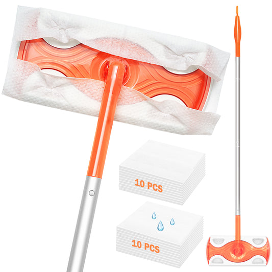 JEHONN Sweeper Mop with 20 Pcs Cloths, 2-in-1 Starter Kit for Multi Surface Cleaning (Orange)