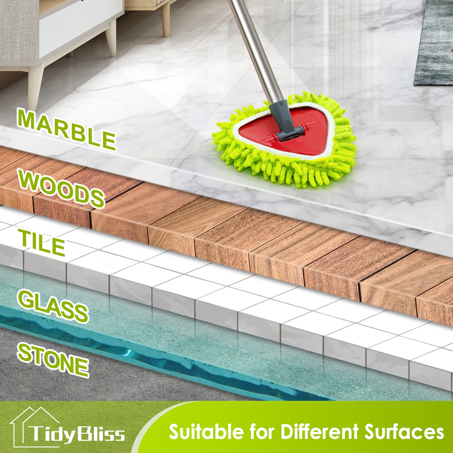 TidyBliss Microfiber Mop Head Replacement 3 Pack Compatible with EasyWring 1 Tank System (Green)
