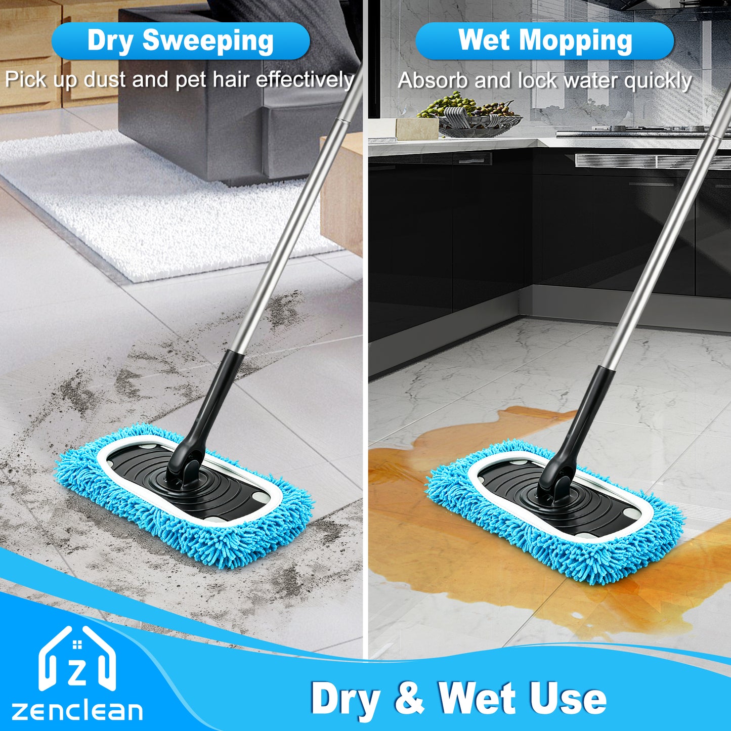 ZenClean Reusable Microfiber Mop Pads 4 Pack Compatible with SwifferSweeper Mop for Wet & Dry Floor Cleaning (Blue)