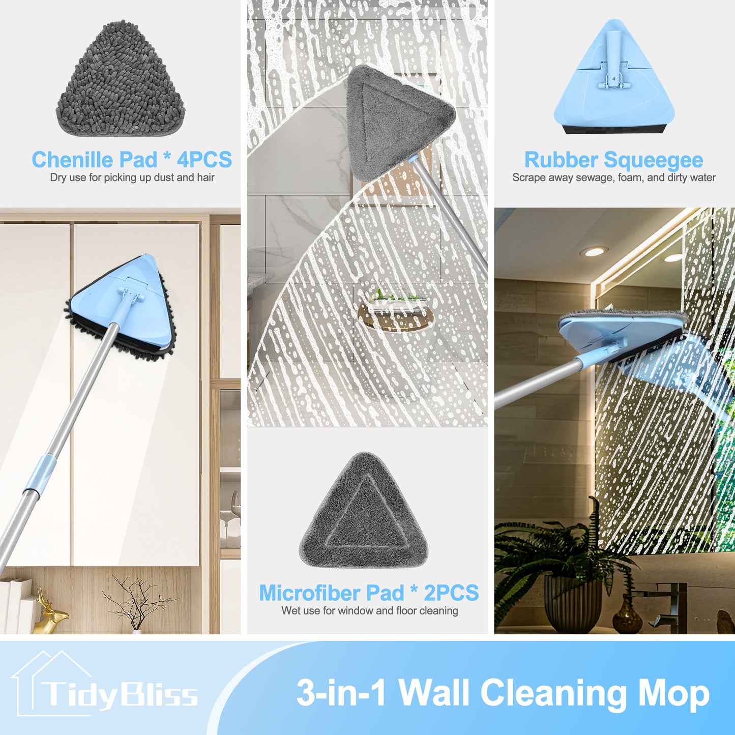 TidyBliss Wall Cleaner Mop with 80” Long Handle (Blue)