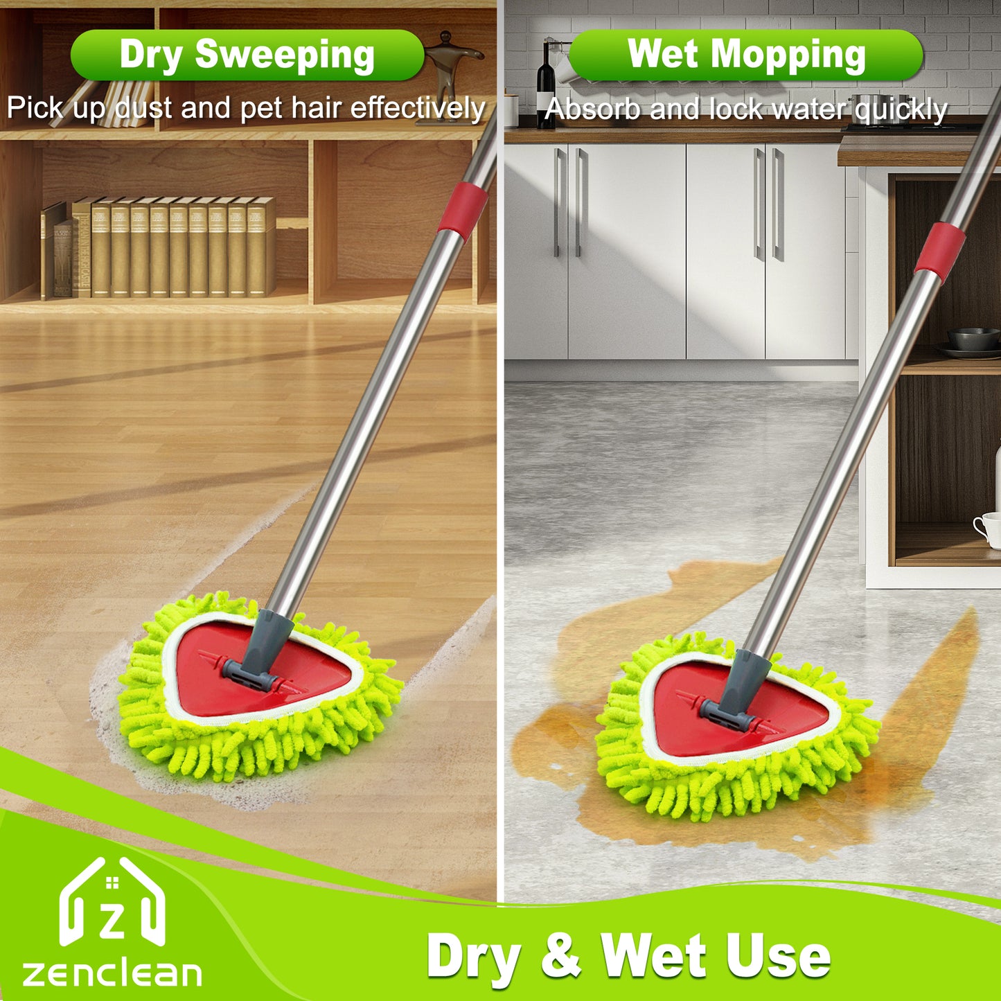 ZenClean Microfiber Mop Head Replacement 3 PCS Fit for EasyWring 1 Tank System (Green)