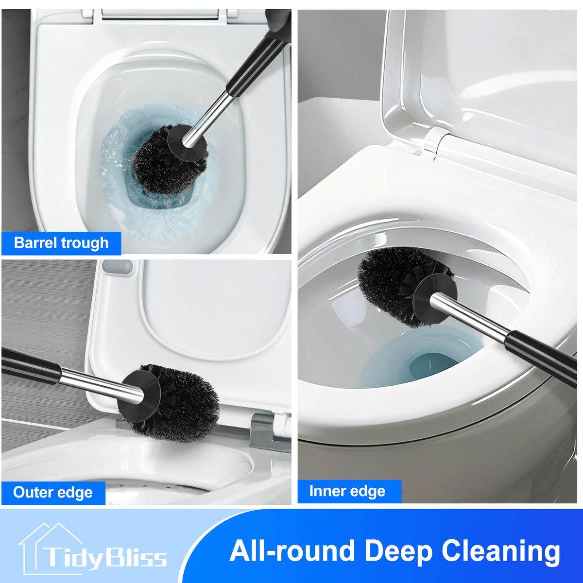 TidyBliss 2 Pack Toilet Brush and Plunger Set with Hidden Tweezers (Black)