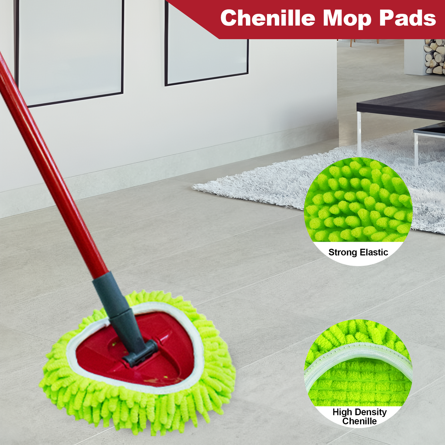 NEWE Chenille Mop Pads 3 Pack for O-Cedar RinseClean 2 Tank System Green