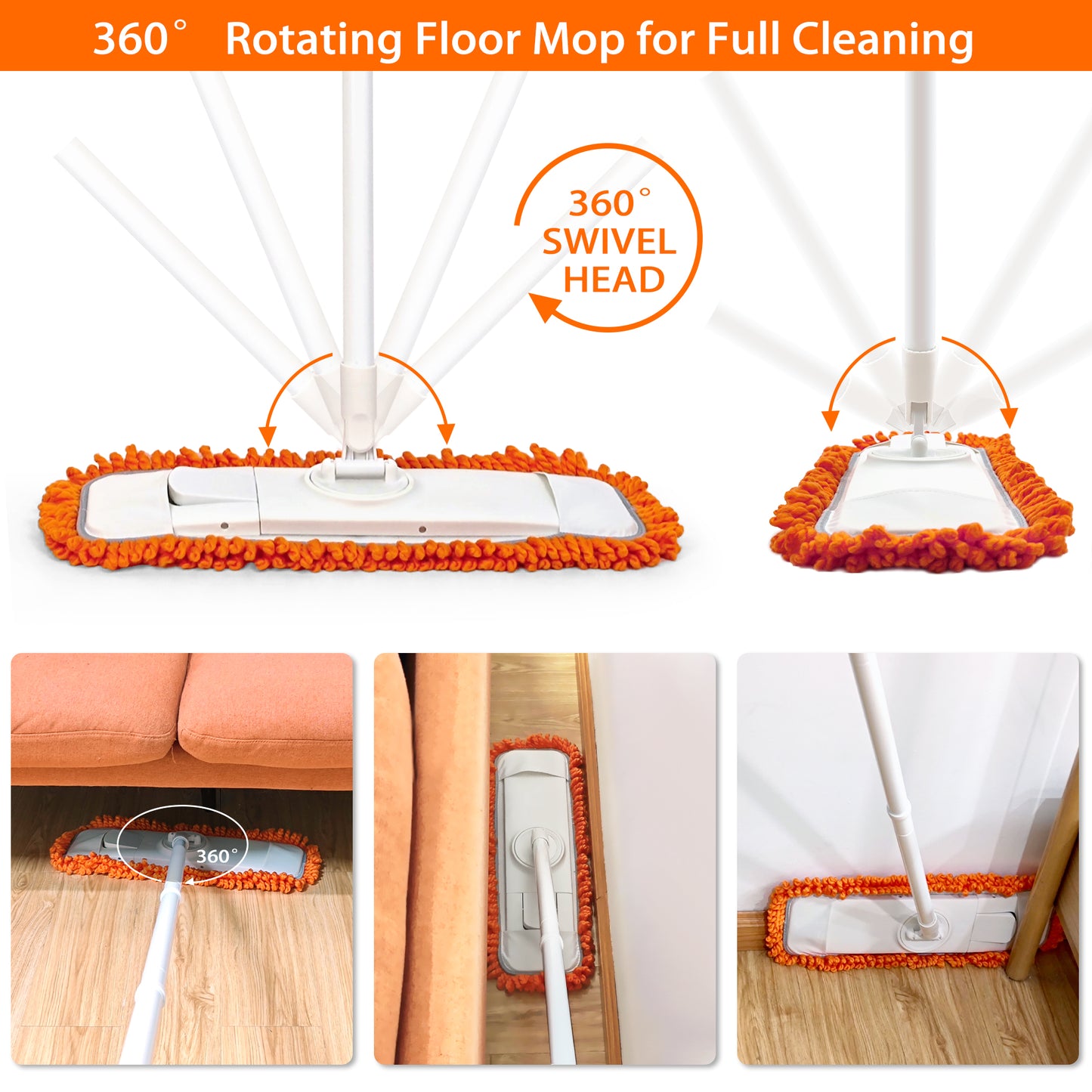 JEHONN Microfiber Dust Mop with 1 Pad for Wet Dry Floor Cleaning (Orange)