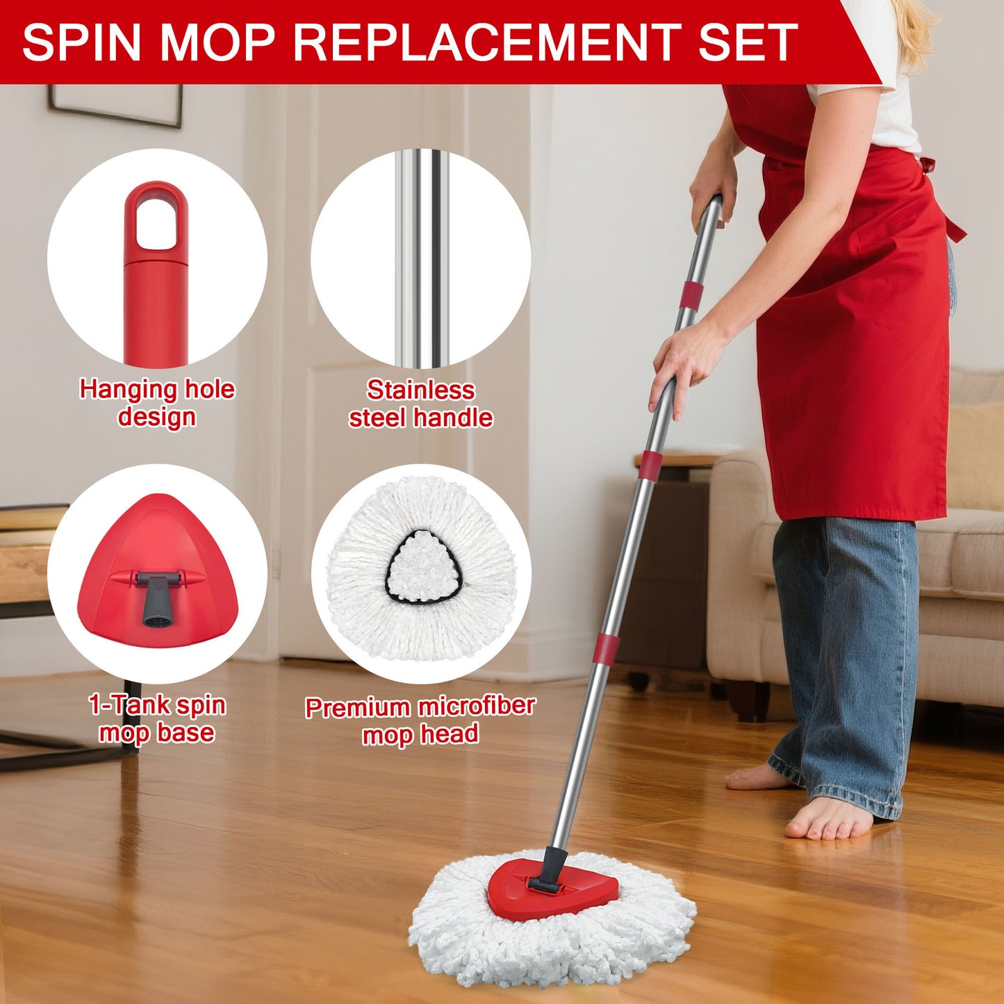 JEHONN Spin Mop Replacement Heads 2 Packs with Triangle Base and 58 inches Long Handle