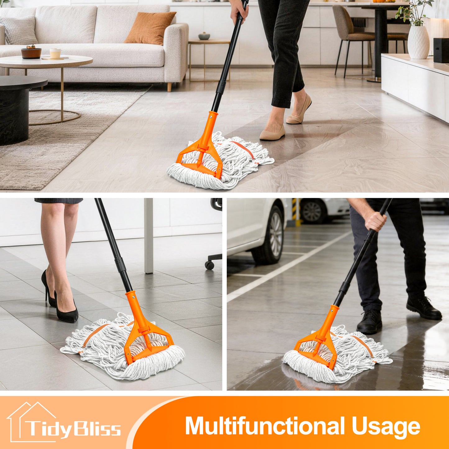TidyBliss Commercial Mop Heavy Duty with 55 inches Long Handle (Orange)