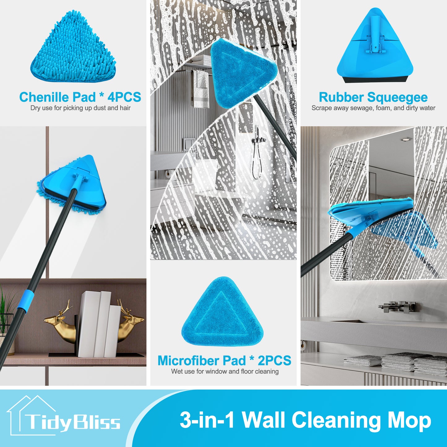 TidyBliss Wall Mop Cleaner with Long Handle 80” (Blue)