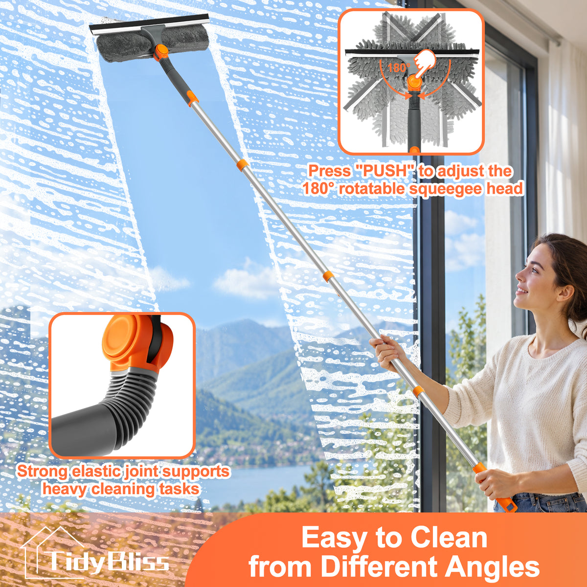 TidyBliss 2 in 1 Window Squeegee Cleaner Tool for Home (Orange)