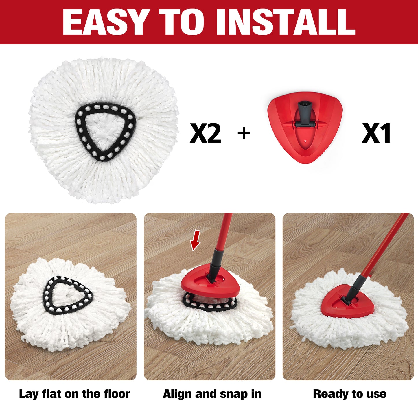 Mop Heads Replacements 2 pack with Triangle Base for Vileda RinseClean 2 Tank System, for Deep Cleaning All Floors , White