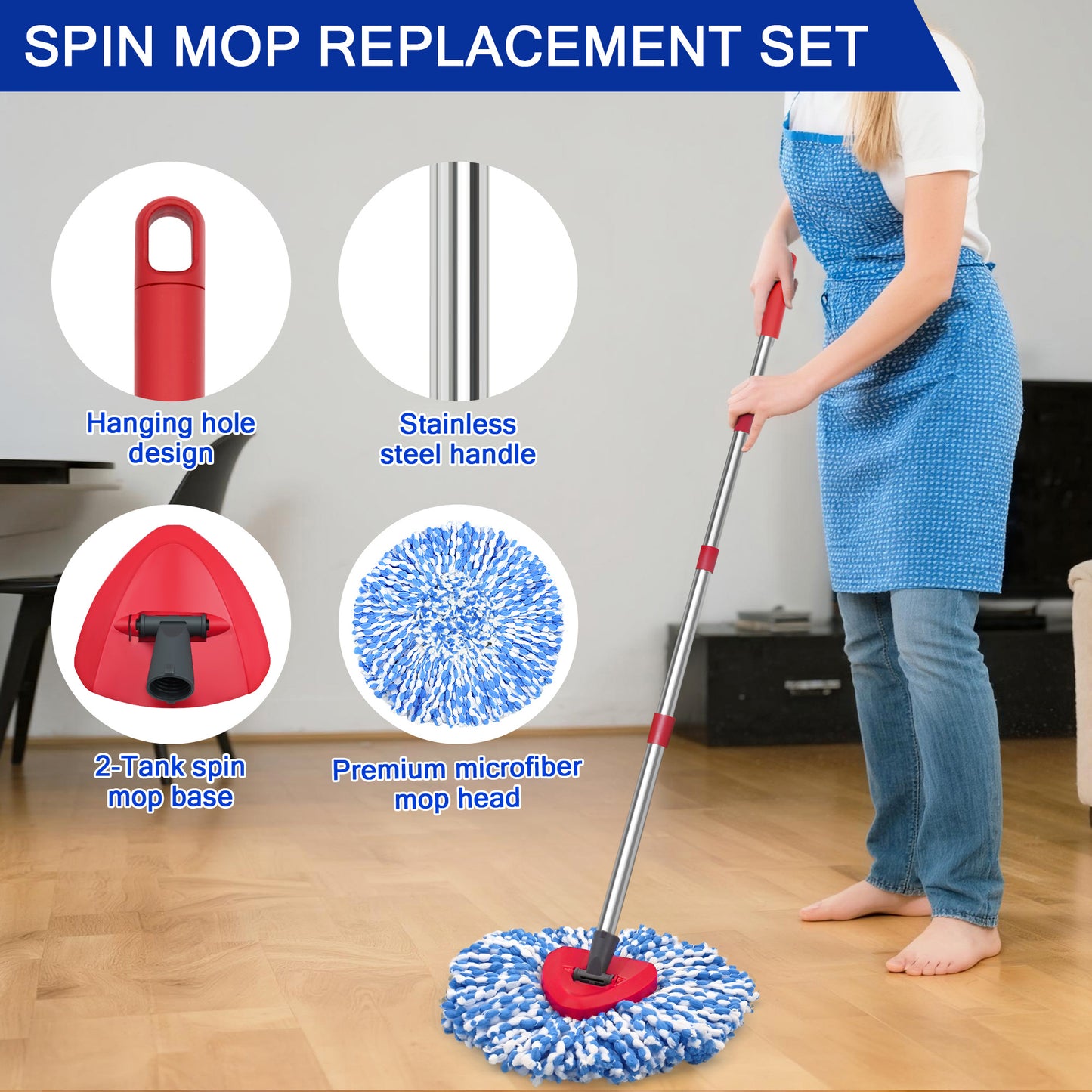 JEHONN Spin Mop Replacement Heads 2 Packs with 58 inches Long Handle and Triangle Base
