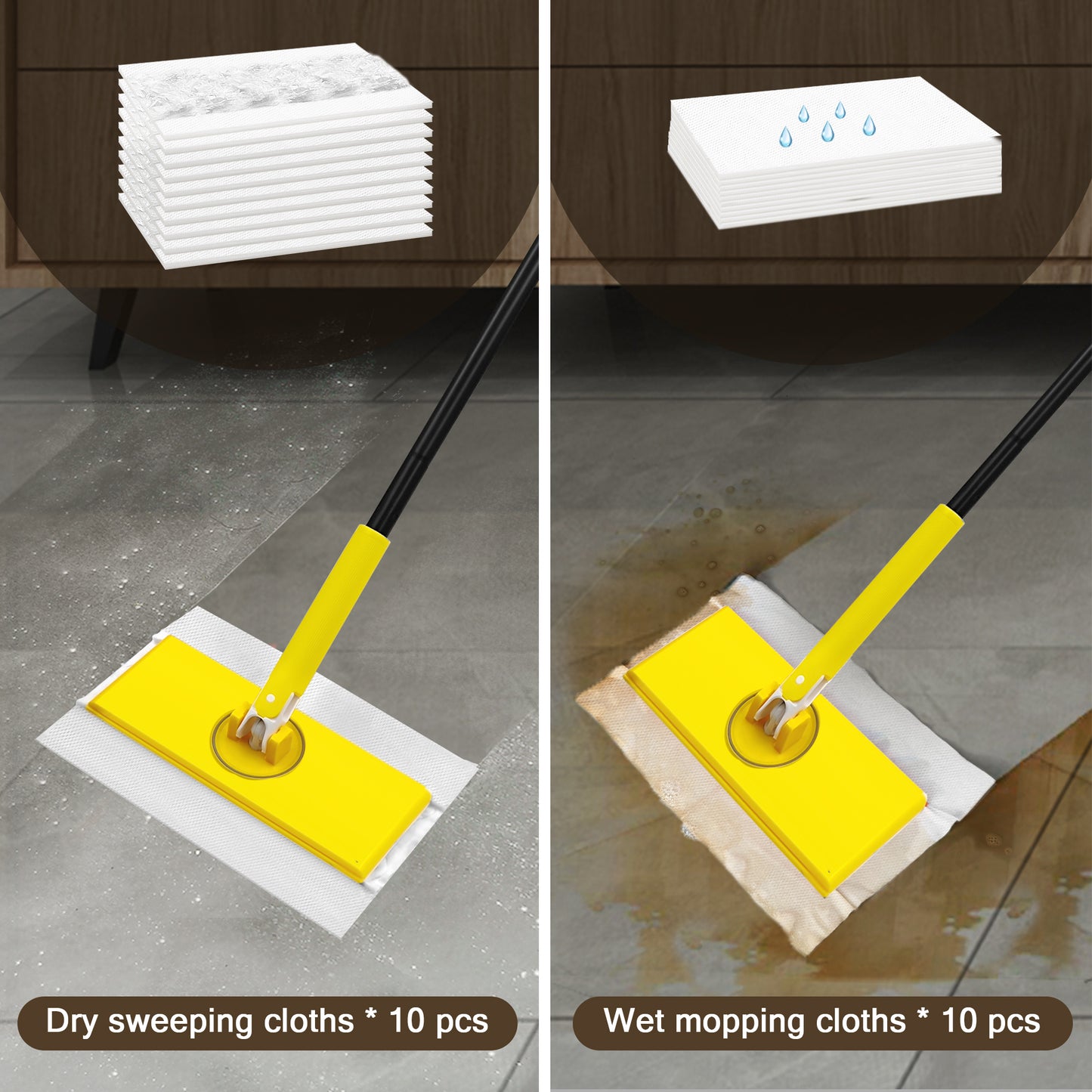 NEWE Sweeper Mop with 10 Dry Sweeping Cloths and 10 Wet Mopping Pads (Yellow)
