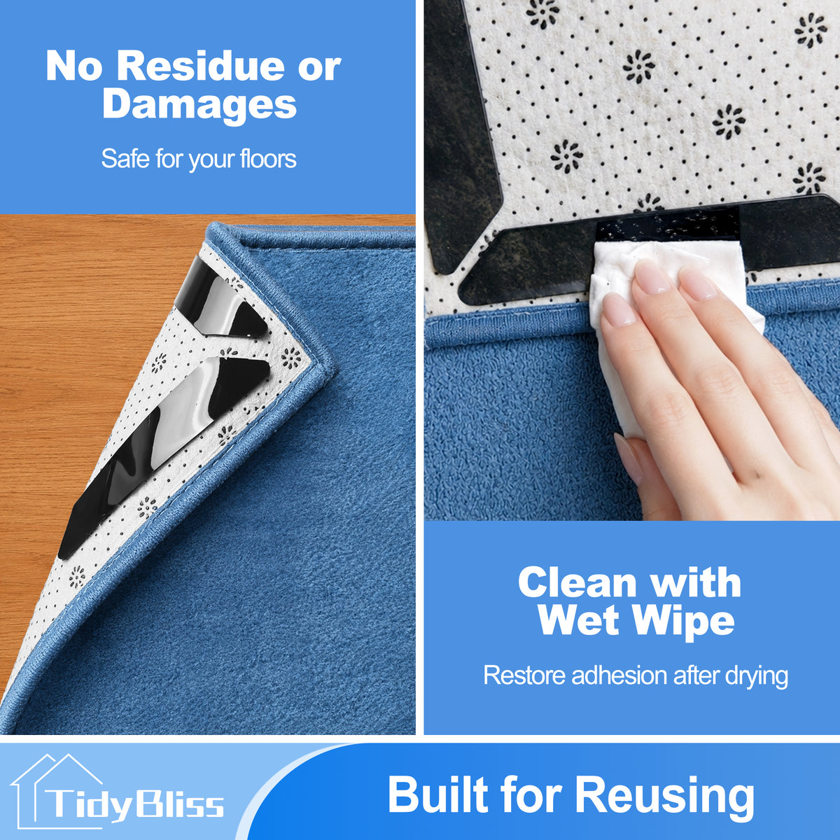 TidyBliss Rug Gripper 30 Pack, Anti-Slip Carpet Corner Stickers