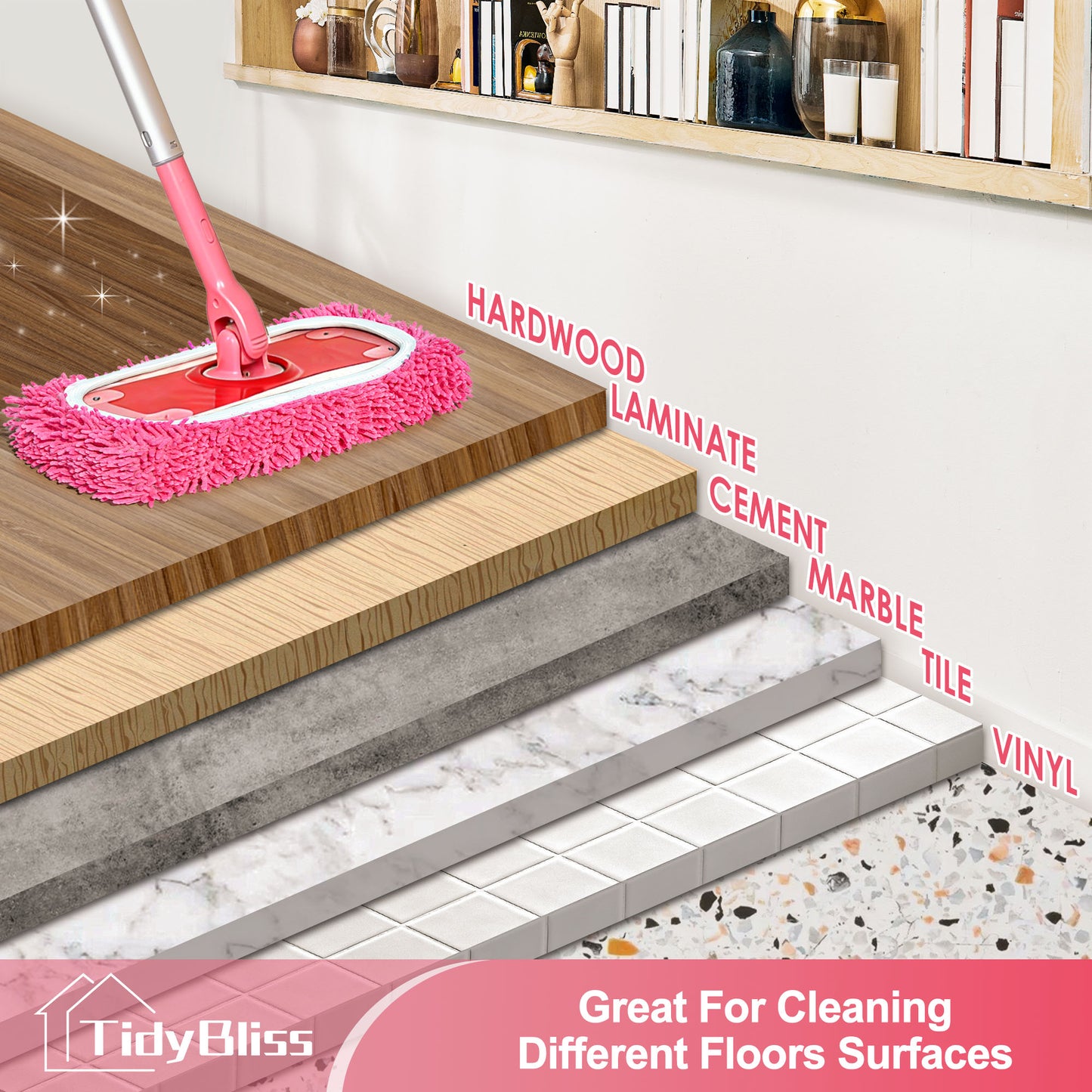 TidyBliss Reusable Microfiber Mop Pads 6 Pack Compatible with Sweeper (Pink)