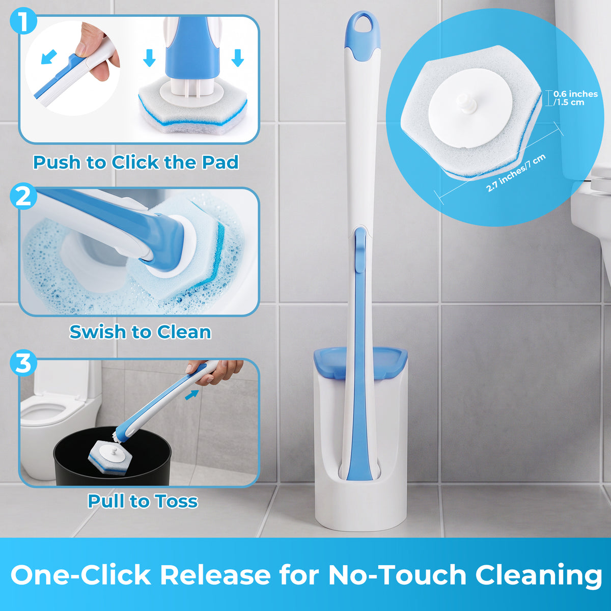 NEWE Disposable Toilet Brush with 56 PCS Cleaner Refills, Toilet Bowl Wand Holder Set (Blue)
