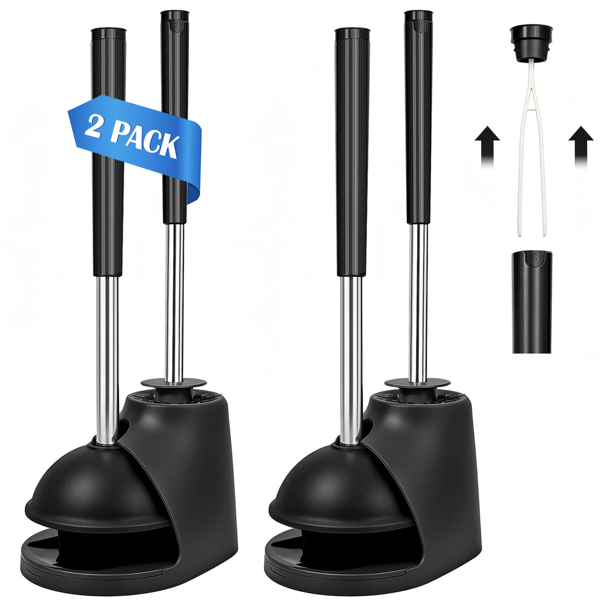 TidyBliss 2 Pack Toilet Brush and Plunger Set with Hidden Tweezers (Black)