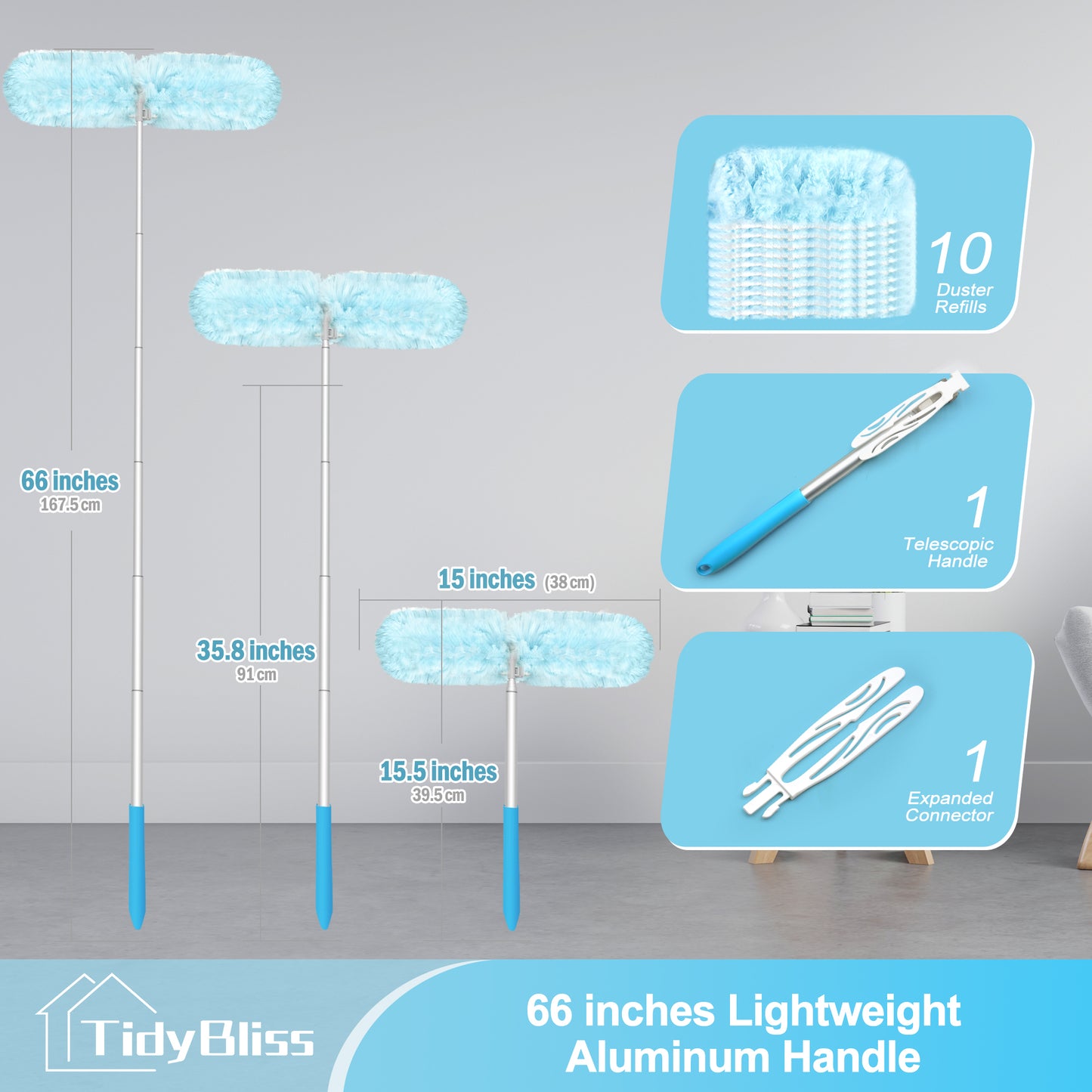 TidyBliss Dusters for Cleaning with Extension Pole 66 inches and 10 Refills for Swiiffer
