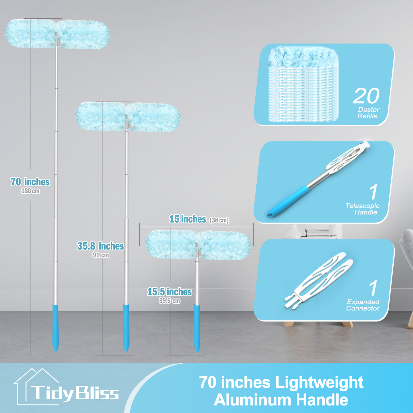 TidyBliss Dusters for Cleaning with Extension Pole 70" and 20 Refills