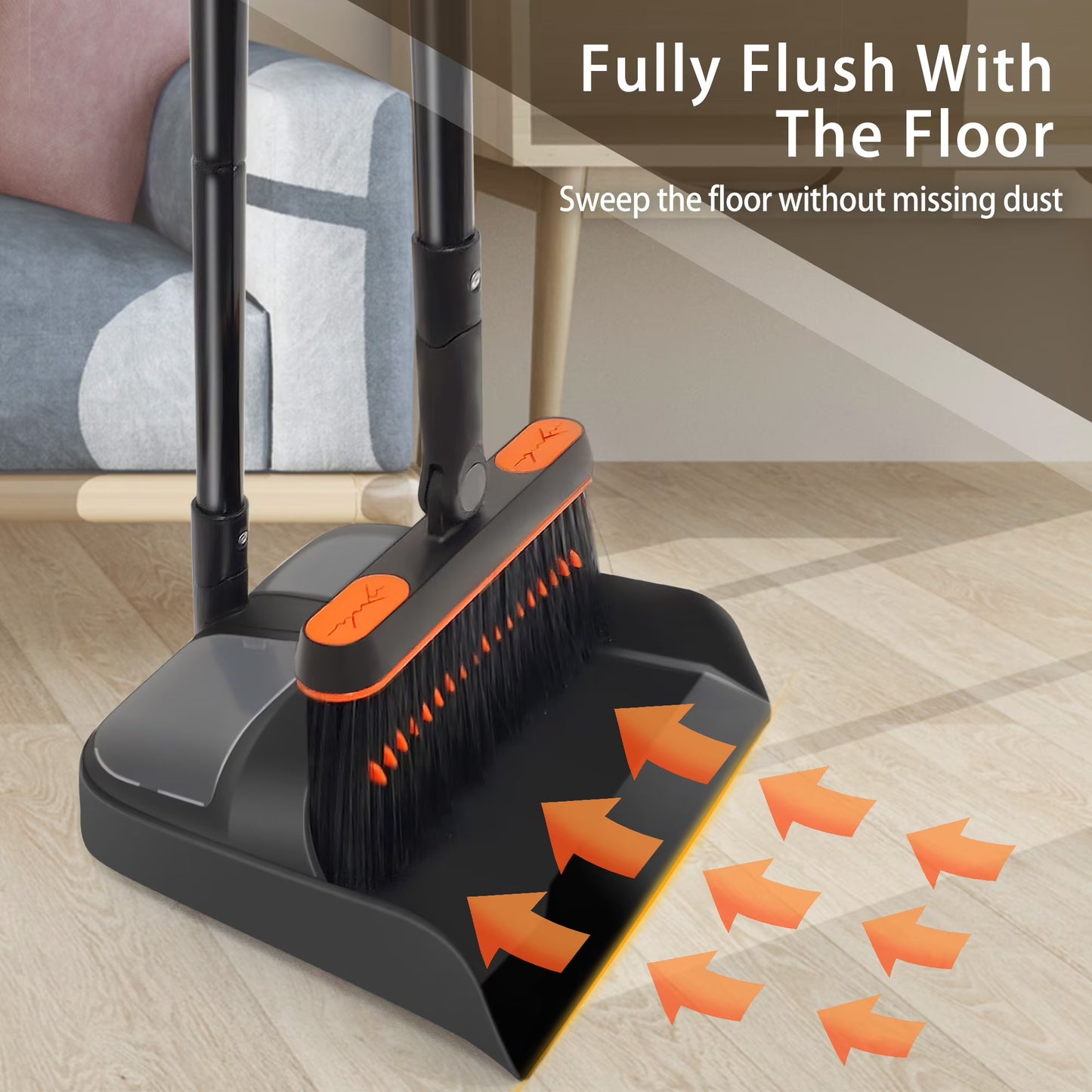 JEHONN 54 inches Long Handle Broom and Dustpan Set for Home (Black Orange)