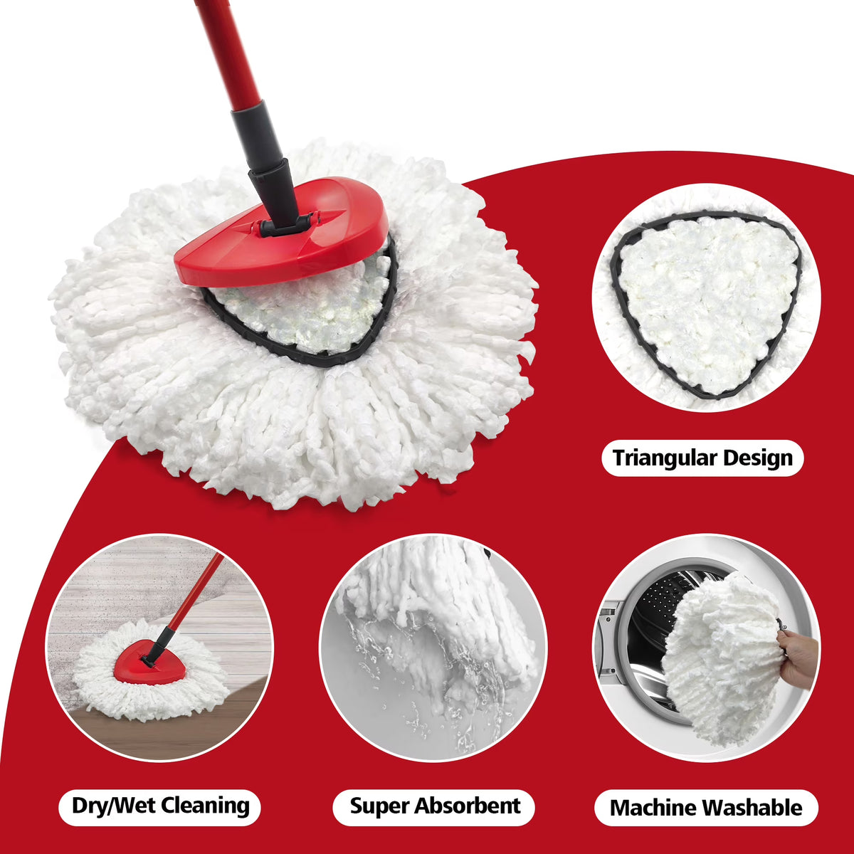 Mop Heads Replacements 2 pack with Triangle Base for Vileda RinseClean 2 Tank System, for Deep Cleaning All Floors , White