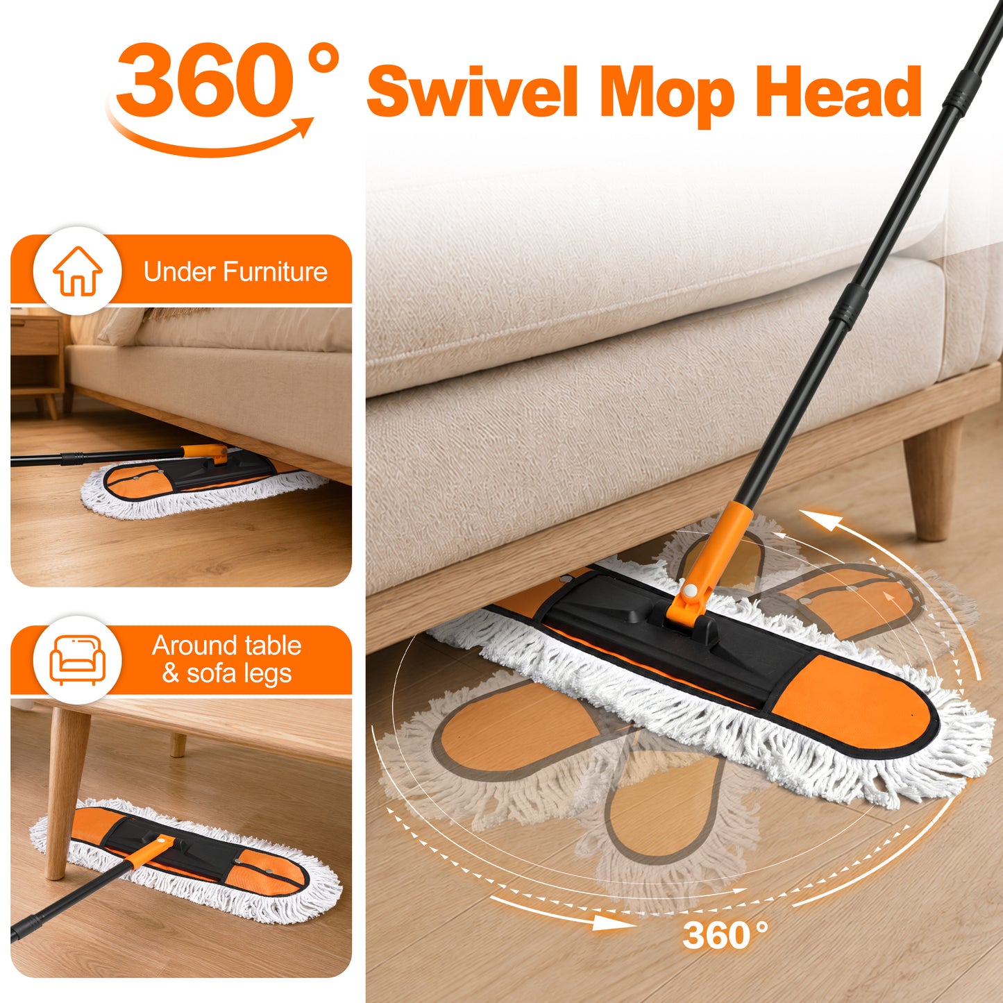 JEHONN 2-in-1 Commercial Dust Mop with 24" & 36" Microfiber Pads (Orange)