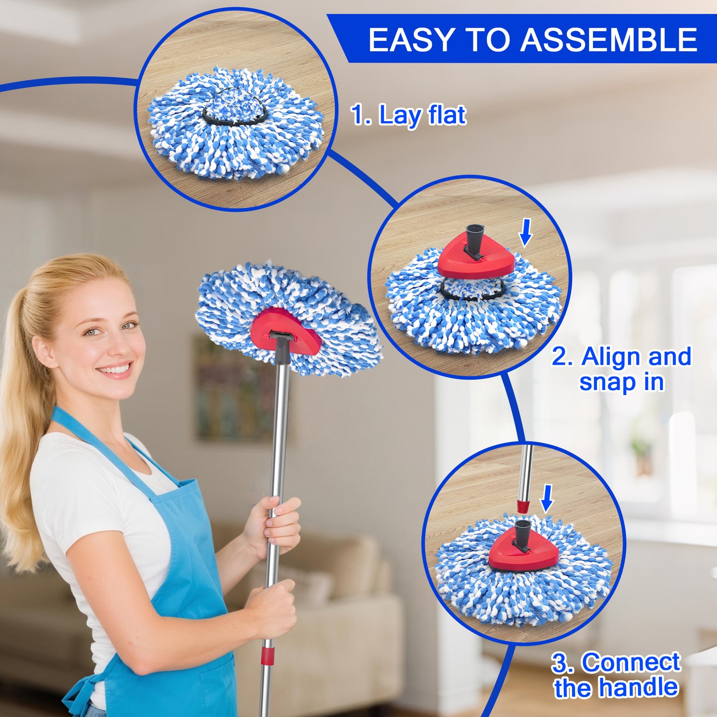 JEHONN Spin Mop Replacement Heads 2 Packs with 58 inches Long Handle and Triangle Base