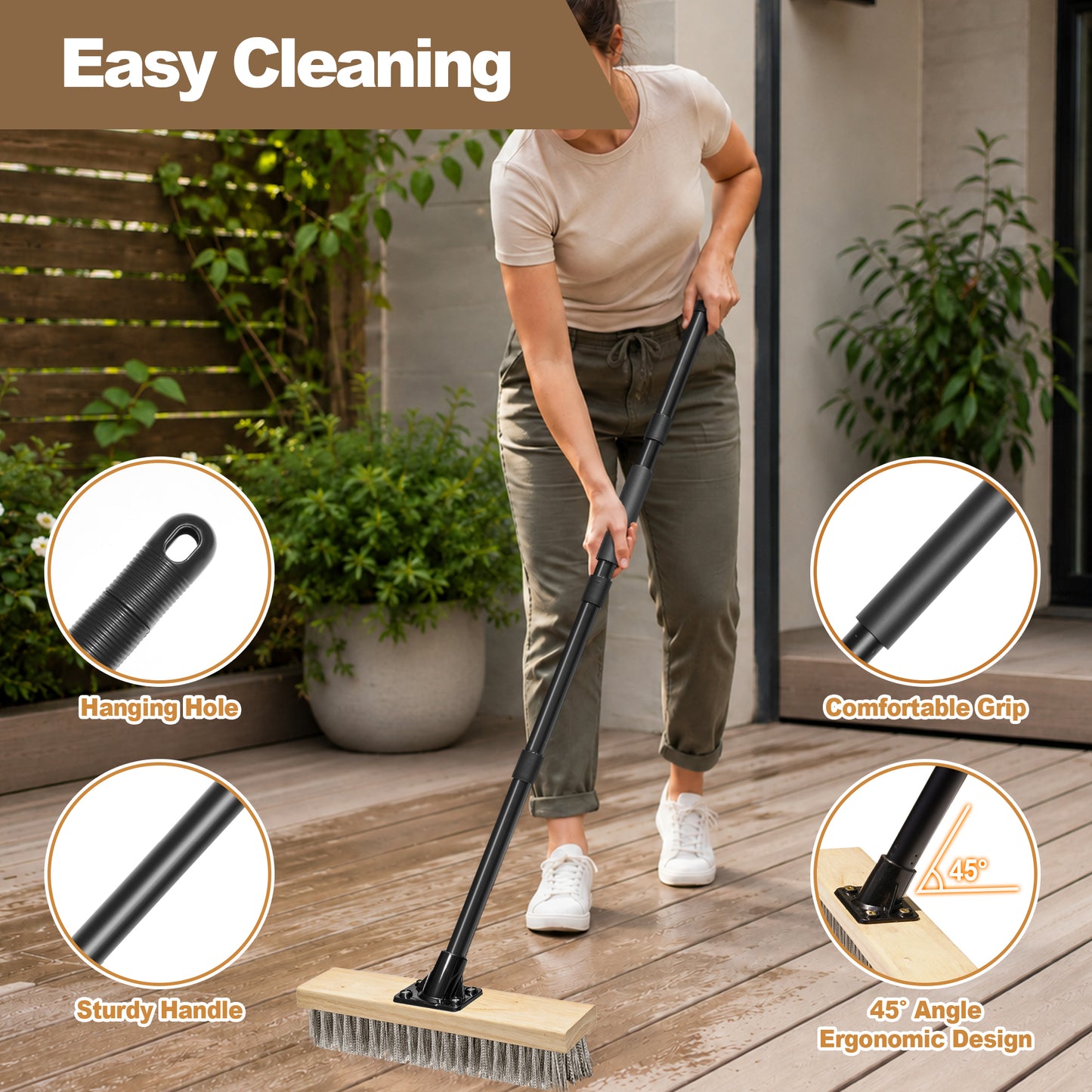 JEHONN Stainless Steel Wire Scrub Brush with 58" Long Handle for Concrete