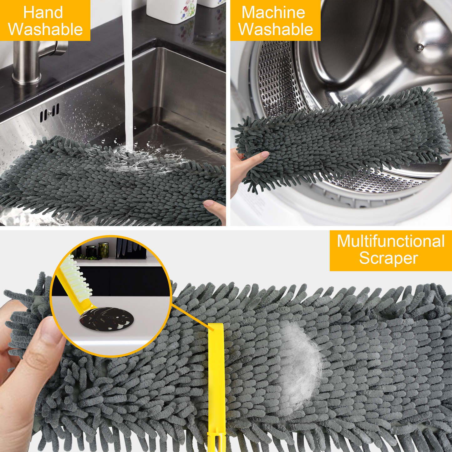 NEWE Dust Mop with Unique 90° Foldable Panel, 52 inches Long Handle Wet Dry Flat Floor Duster Broom with 2 Microfiber and 2 Chenille Pads for Hardwood, Stairs, Vinyl, Tile, Laminate (Yellow)