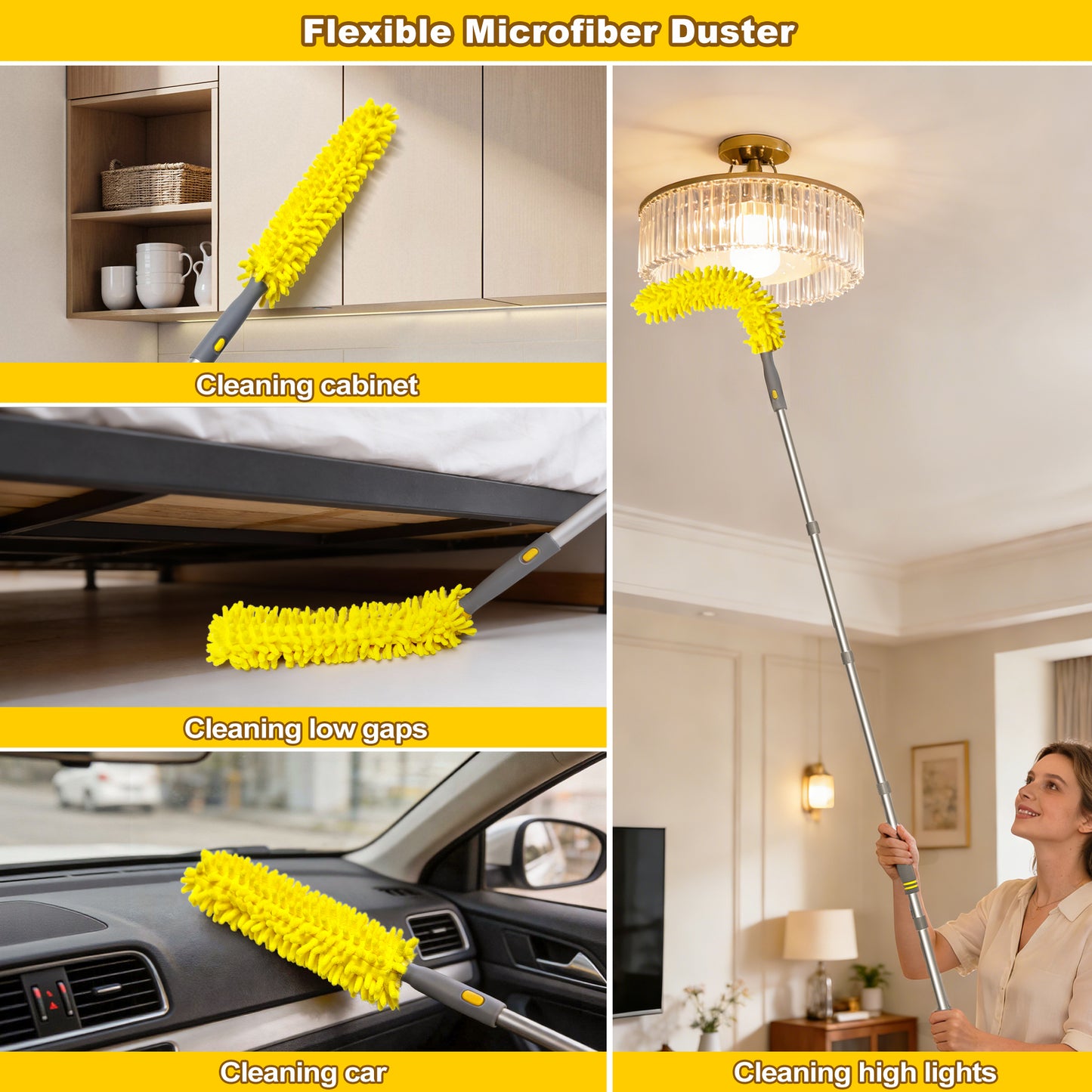 JEHONN 77" Ceiling Fan Cleaner Duster with Extra Bendable Chenille Dust Cleaning Tool (Yellow)