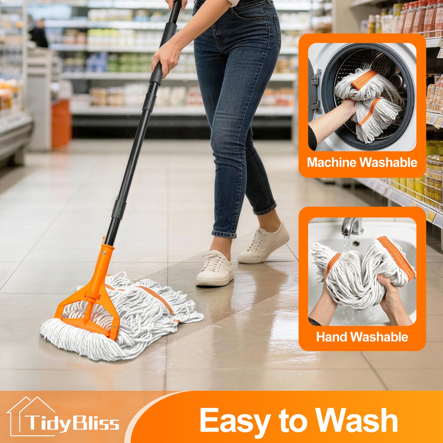 TidyBliss Commercial Mop Heavy Duty with 55 inches Long Handle (Orange)