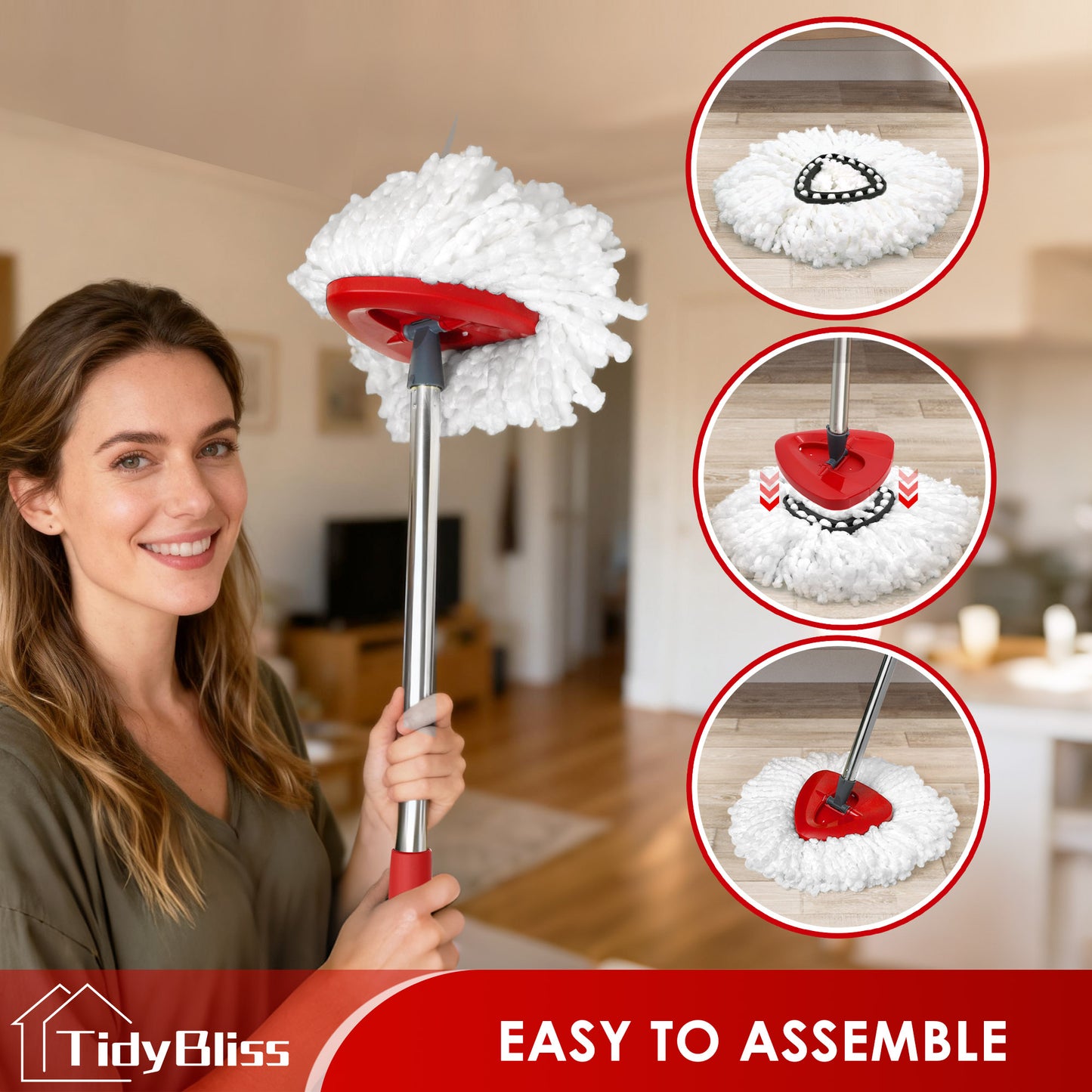 TidyBliss Spin Mop Replacement Heads 2 Pack with Triangle Base and 58 inches Long Handle for O-Cedaar EasyWring 1 Tank System