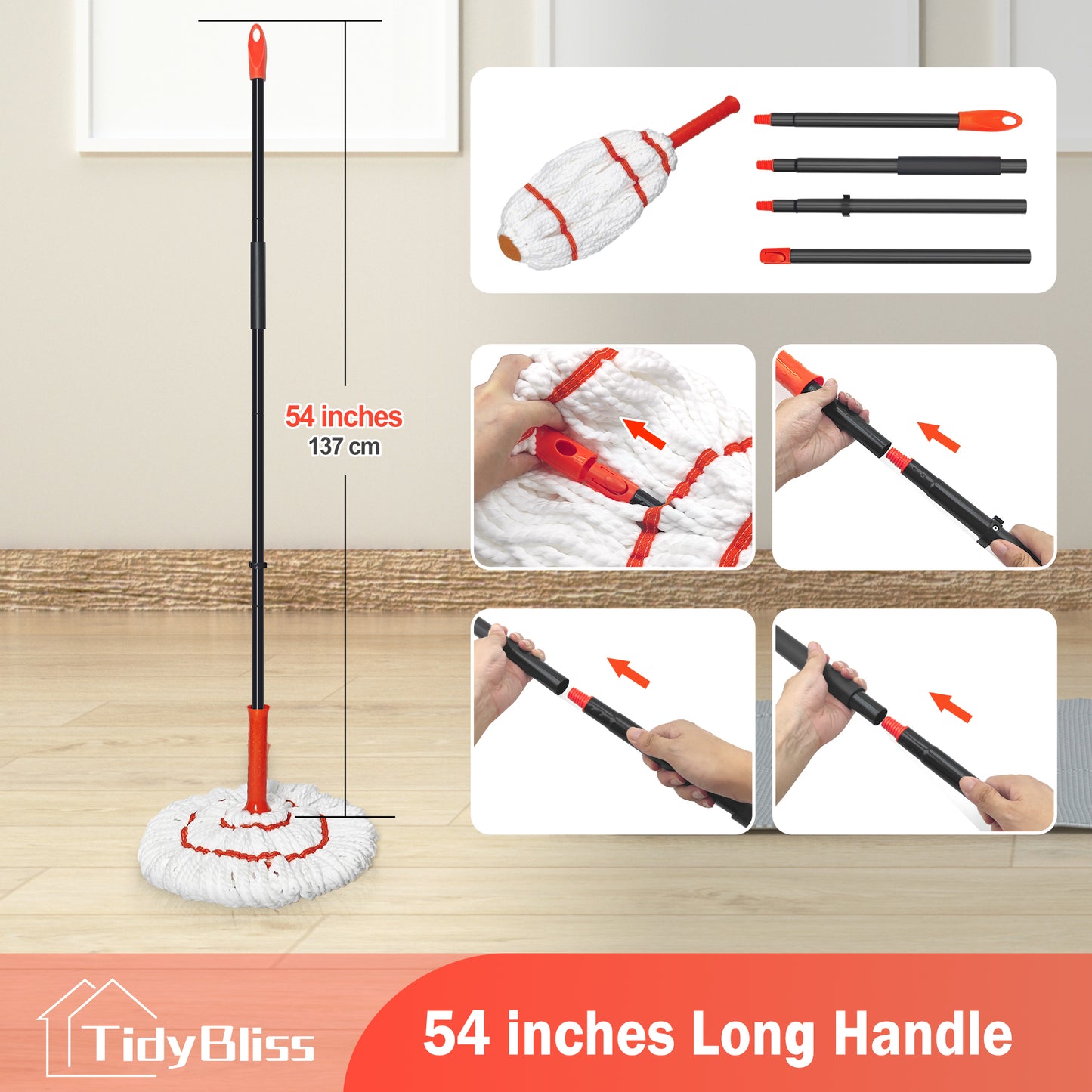 TidyBliss Self Wringing Twist Mop for Floor Cleaning (White Orange)