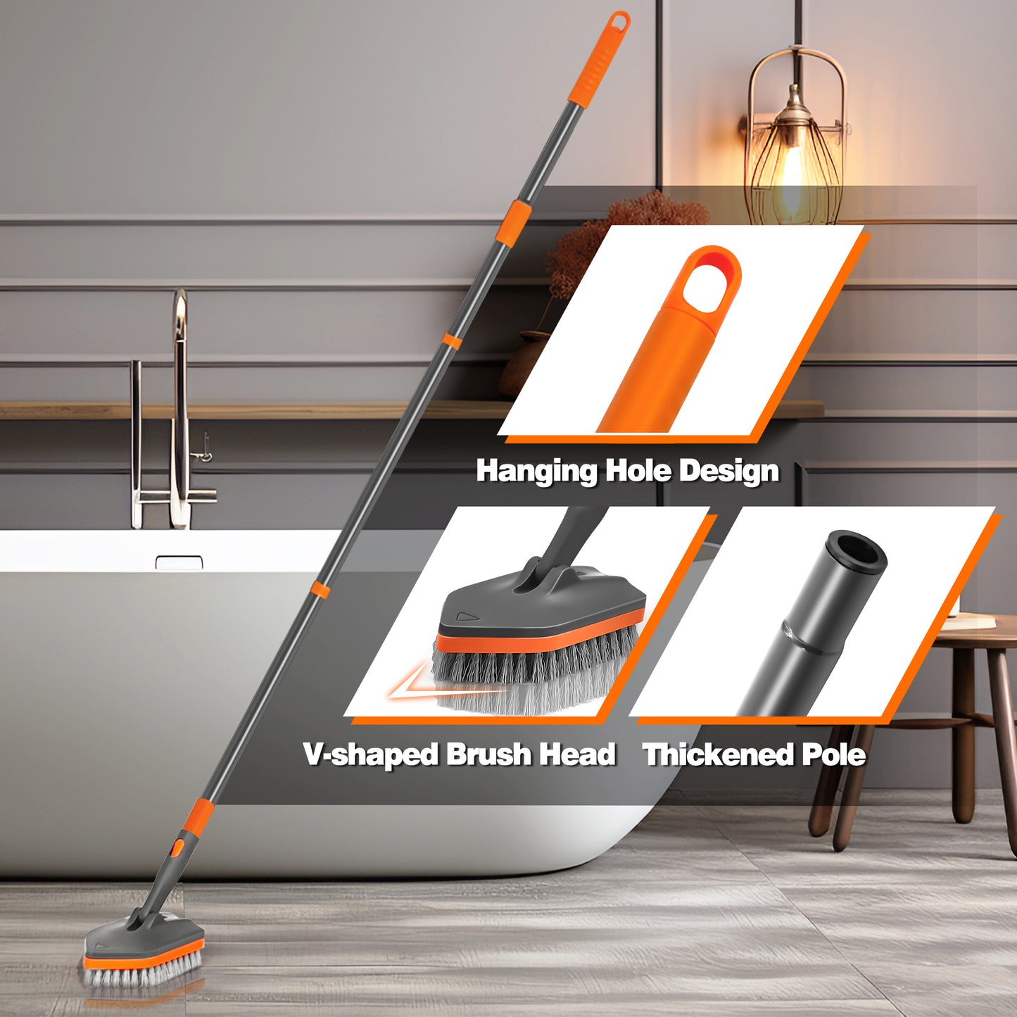 Shower Cleaner Brush with 56 inches Long Handle (Grey Orange)