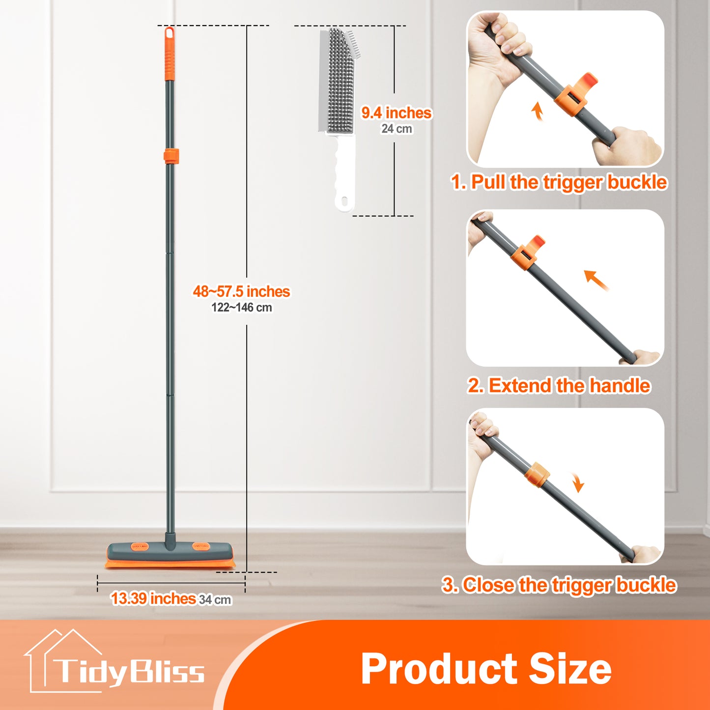 TidyBliss Pet Hair Removal Broom with Rubber Squeegee (Gray Orange)