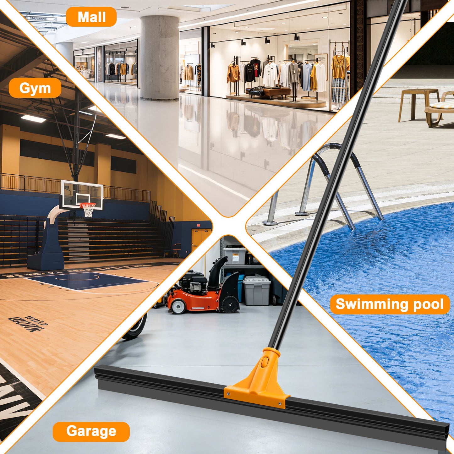 JEHONN 30" Large Floor Squeegee Heavy Duty with Long Handle (Orange)